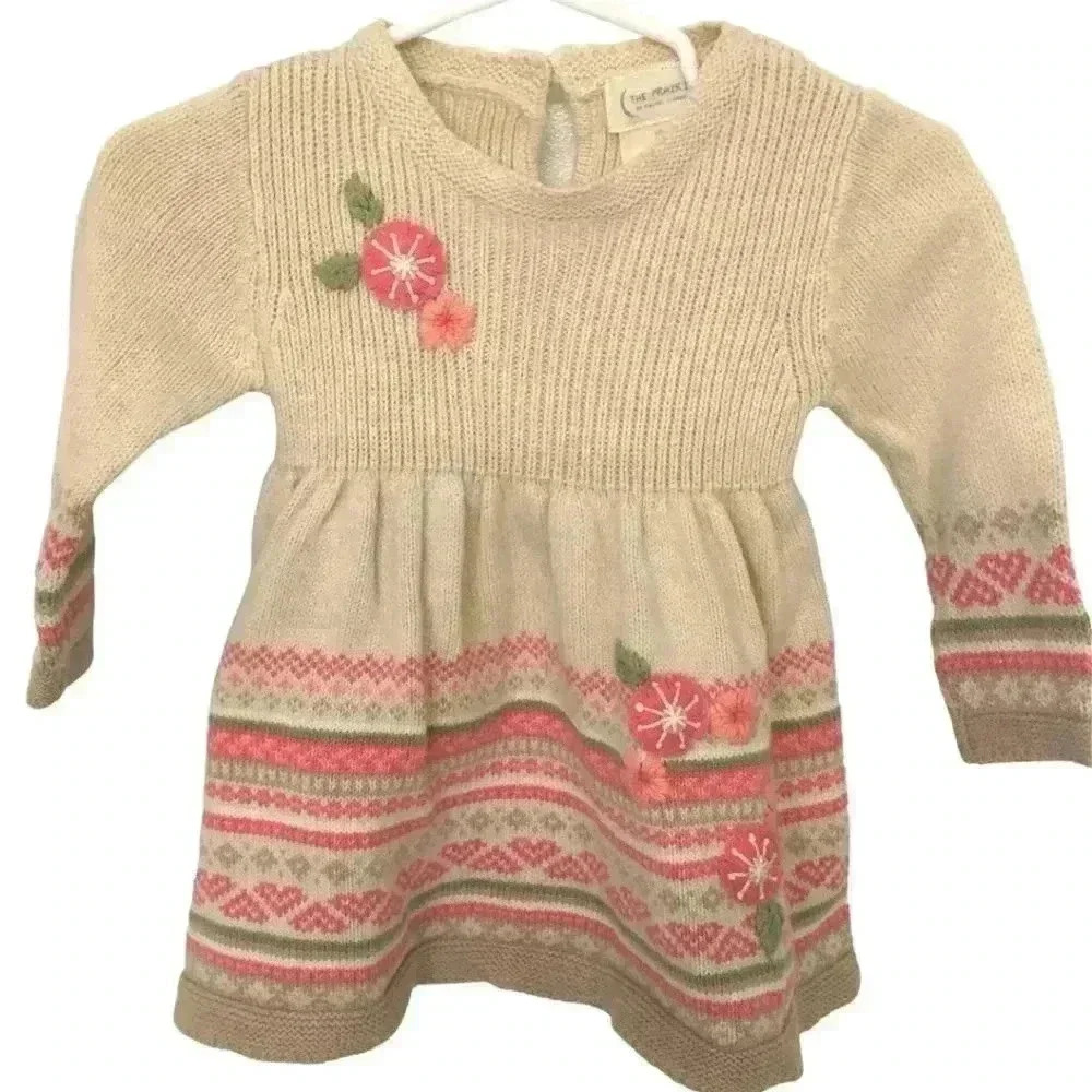 The Prairie Cream, Pink & Green Knit Dress with Flower Detail Size 6 - 9 Months